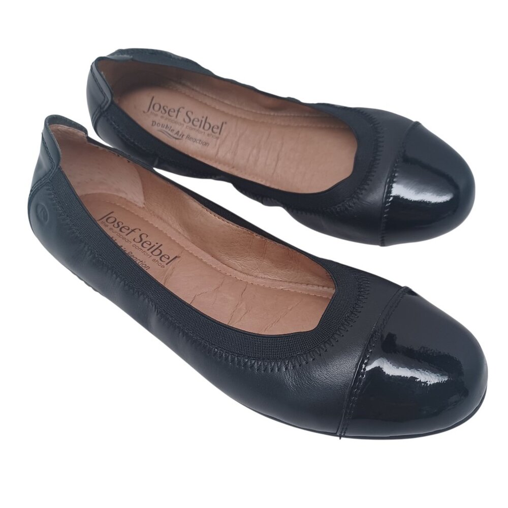 Josef Seibel Shoes Black Patent Leather Cap Toe Ballet Flats Womens 36 or 6 NEW